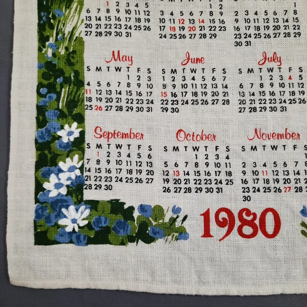 Vintage Linen Calendar Kitchen Towel Bless This House Cottage Floral Trees 1980